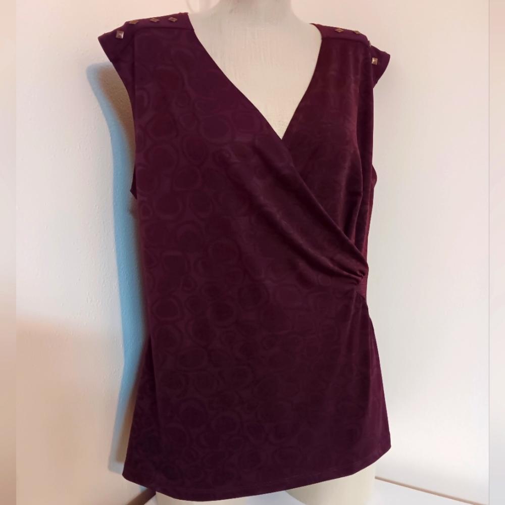 NWT Susan Lawrence Dark Red Wrap Top with Gold Shoulder Stud Embellishments Sz L